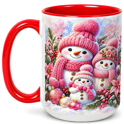 #pl[15oz|Red] Pink Snowman Family Coffee Mug, Winter Snowman Mug, Ceramic Cup