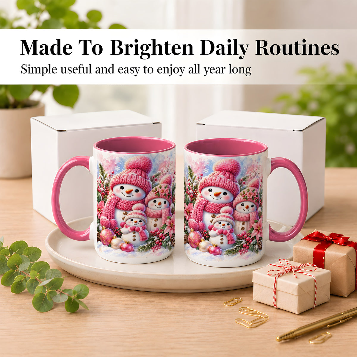 #pl[15oz|Pink] Pink Snowman Family Coffee Mug, Winter Snowman Mug, Ceramic Cup