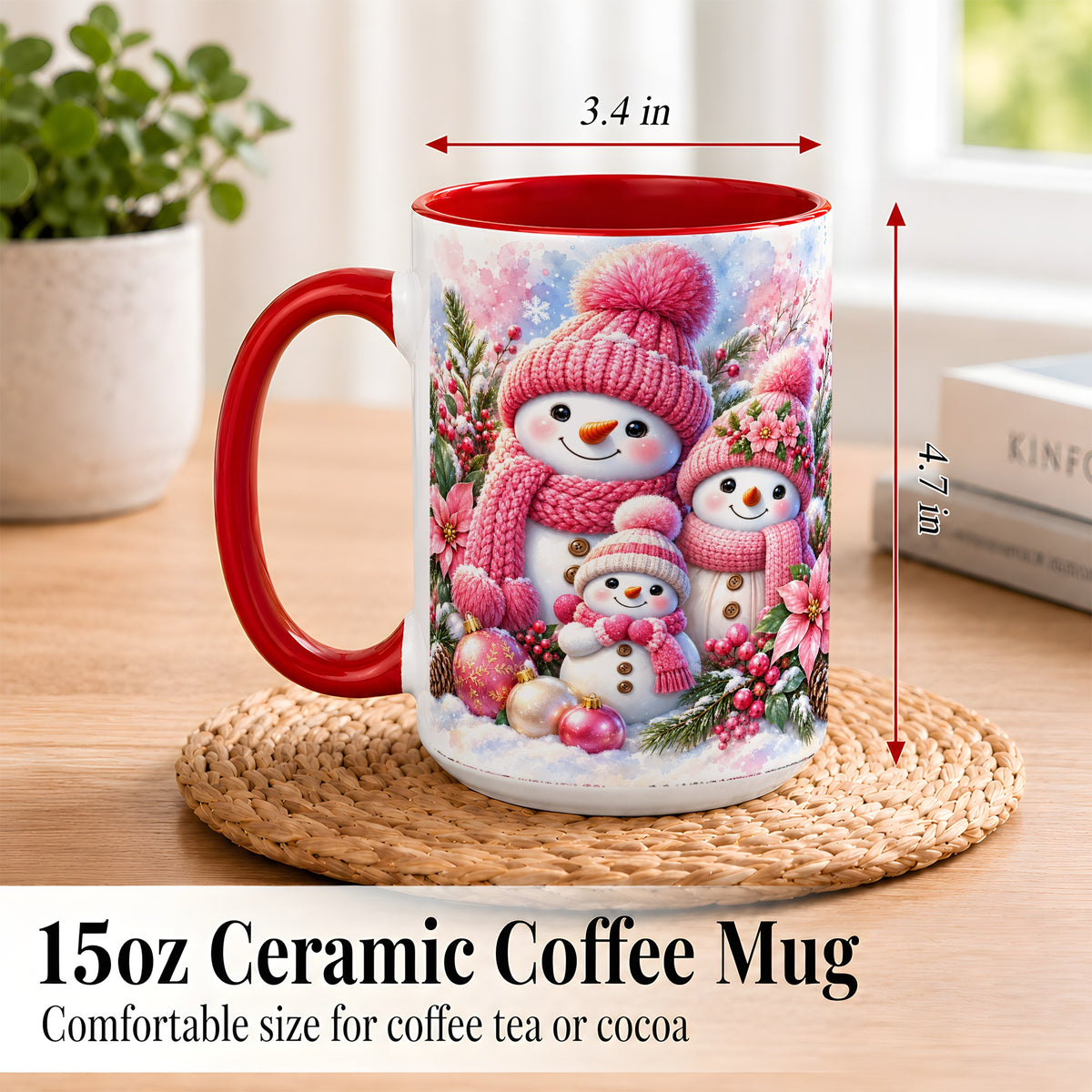 #pl[15oz|Red] Pink Snowman Family Coffee Mug, Winter Snowman Mug, Ceramic Cup