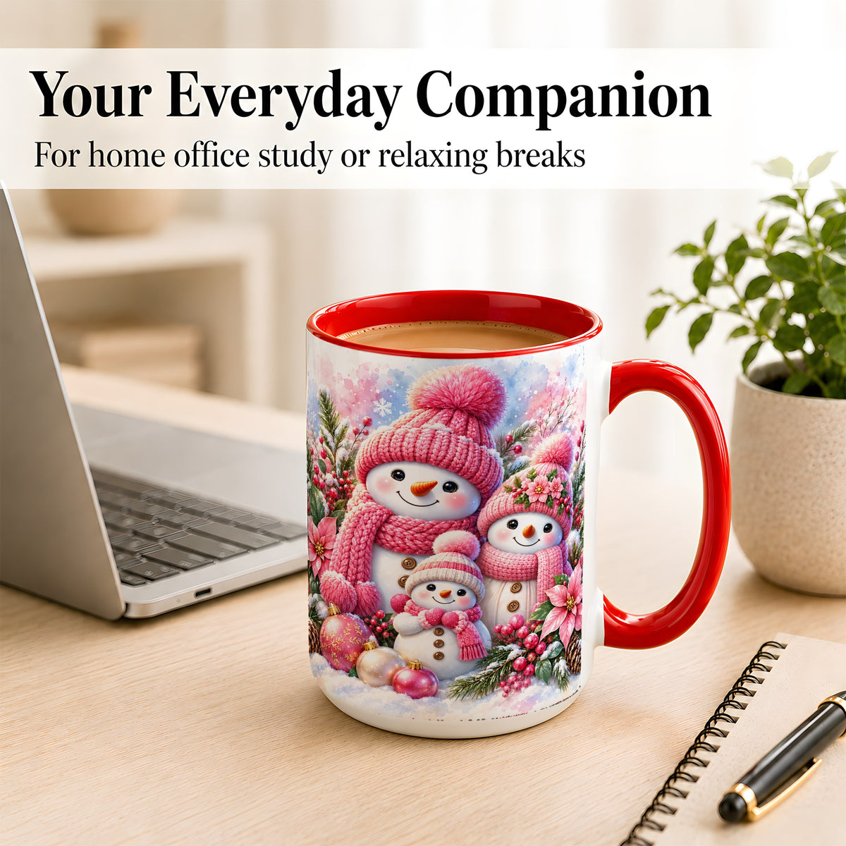 #pl[15oz|Red] Pink Snowman Family Coffee Mug, Winter Snowman Mug, Ceramic Cup