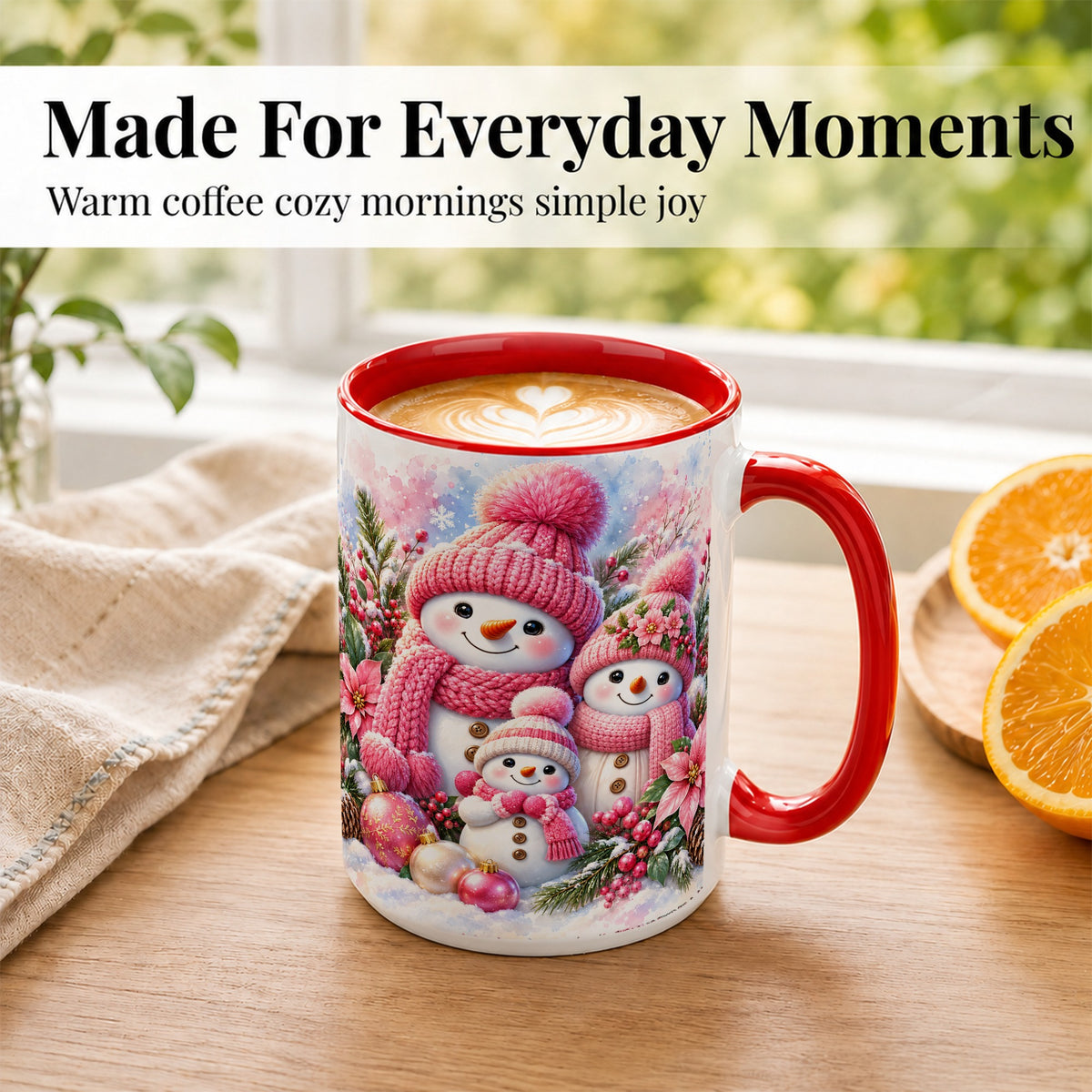 #pl[15oz|Red] Pink Snowman Family Coffee Mug, Winter Snowman Mug, Ceramic Cup