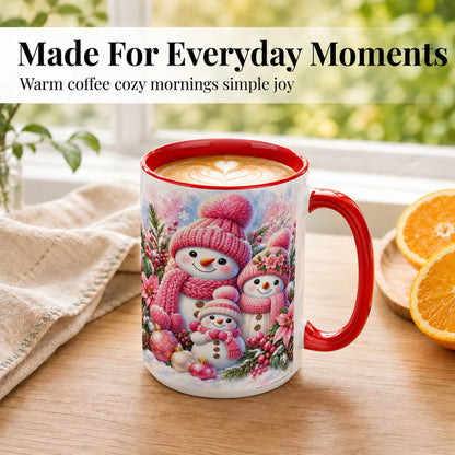 #pl[15oz|Red] Pink Snowman Family Coffee Mug, Winter Snowman Mug, Ceramic Cup