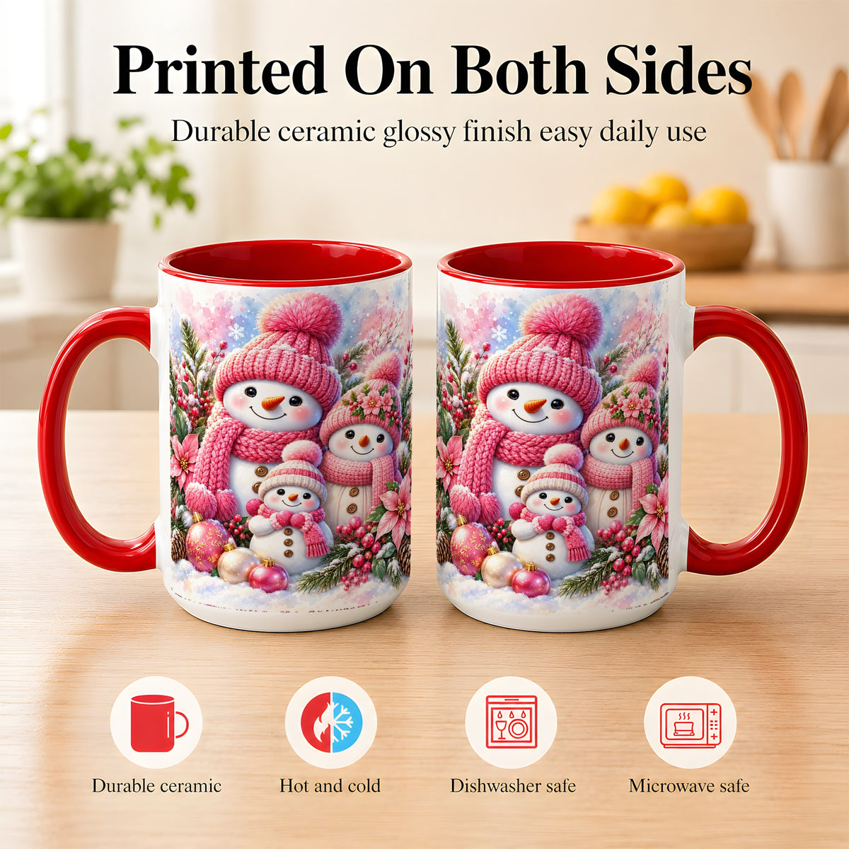 #pl[15oz|Red] Pink Snowman Family Coffee Mug, Winter Snowman Mug, Ceramic Cup