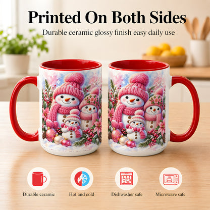 #pl[15oz|Red] Pink Snowman Family Coffee Mug, Winter Snowman Mug, Ceramic Cup