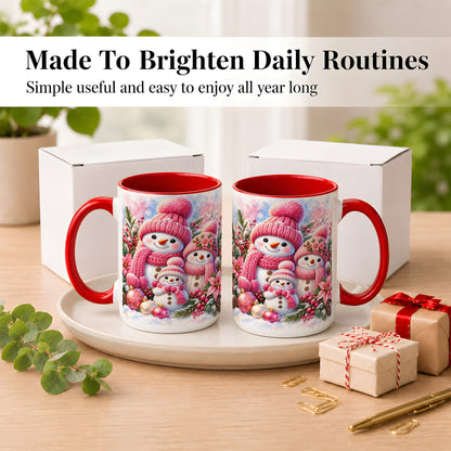 #pl[15oz|Red] Pink Snowman Family Coffee Mug, Winter Snowman Mug, Ceramic Cup