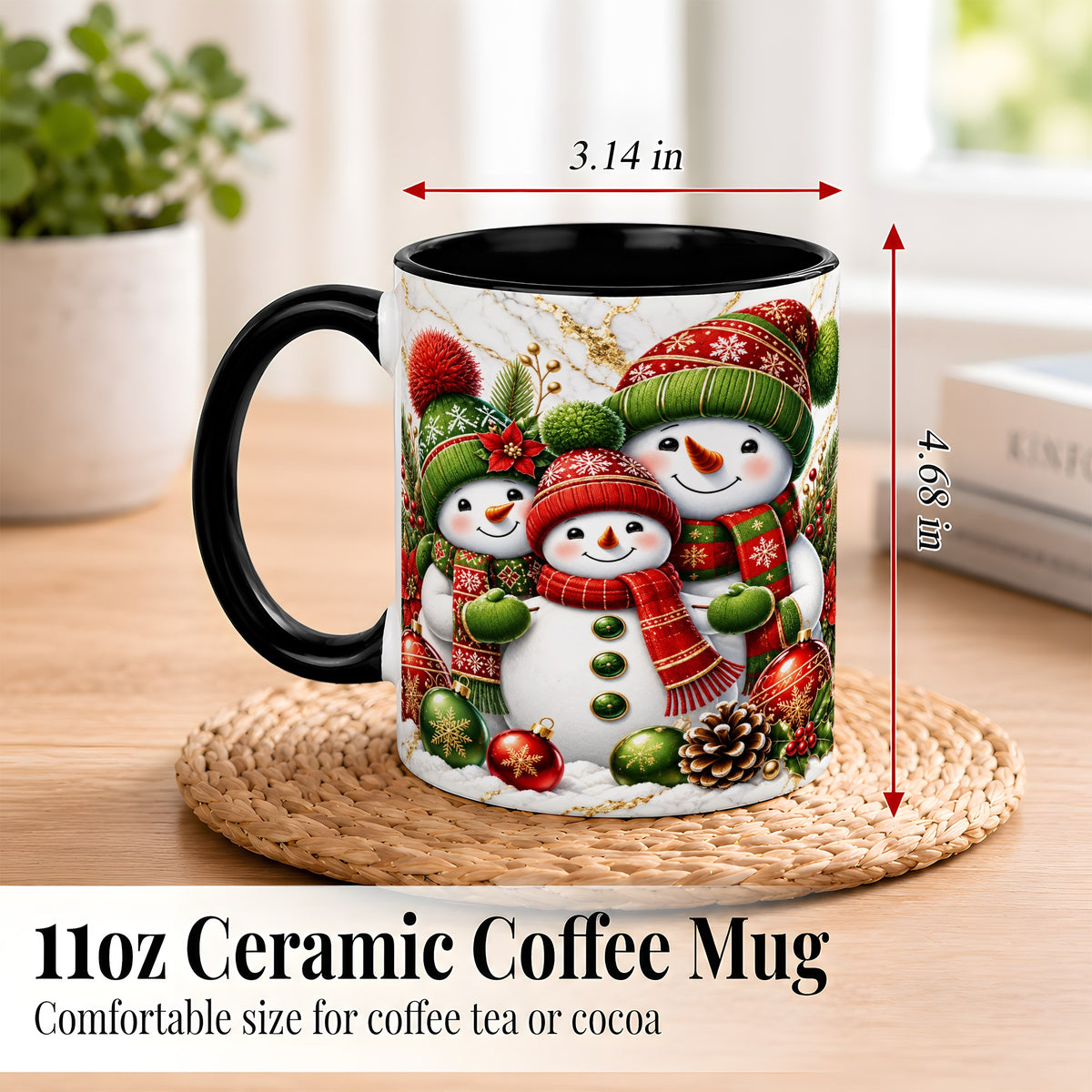 #pl[11oz|Black] Christmas Snowman Family Coffee Mug, Red Green Snowman Mug, Ceramic Cup