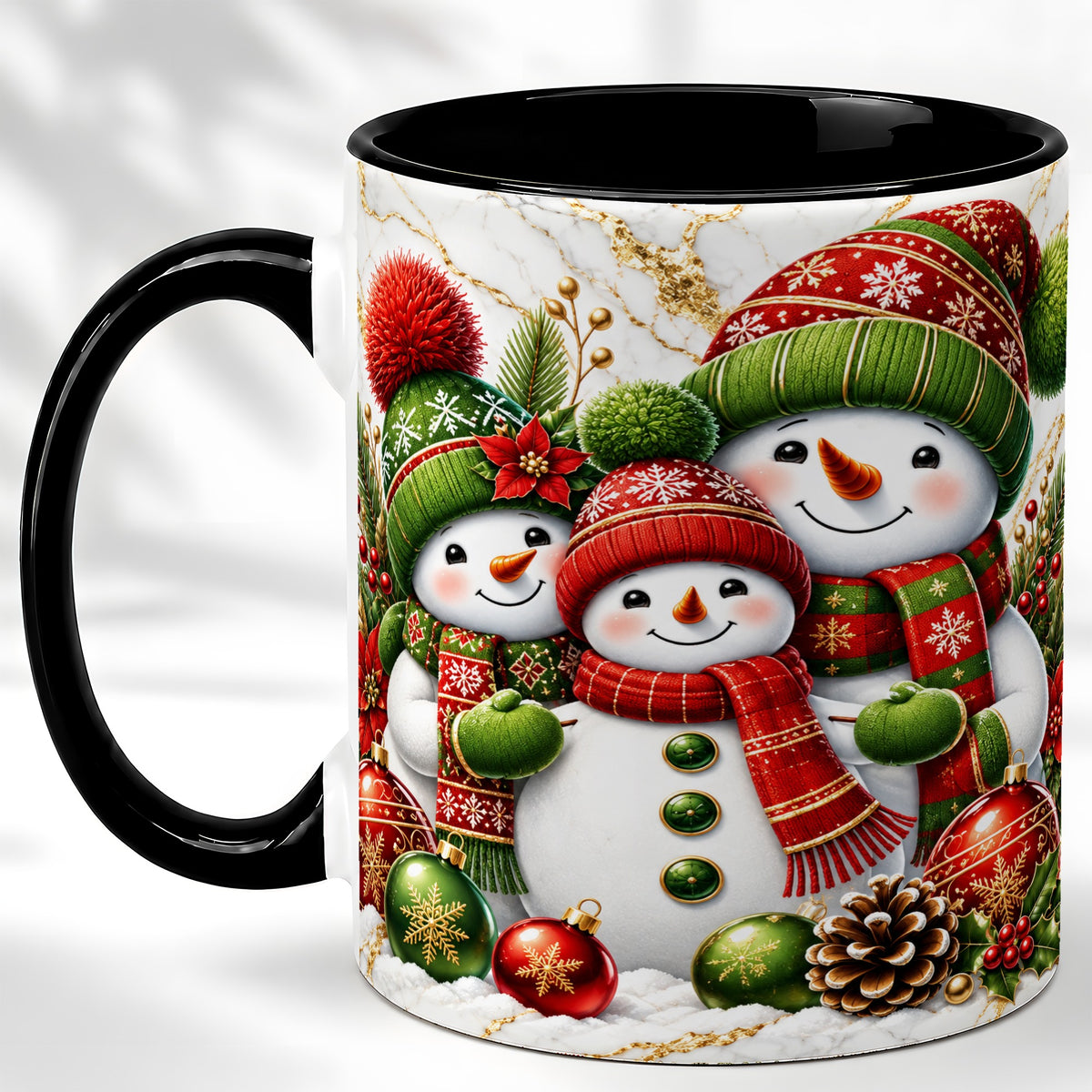 #pl[11oz|Black] Christmas Snowman Family Coffee Mug, Red Green Snowman Mug, Ceramic Cup