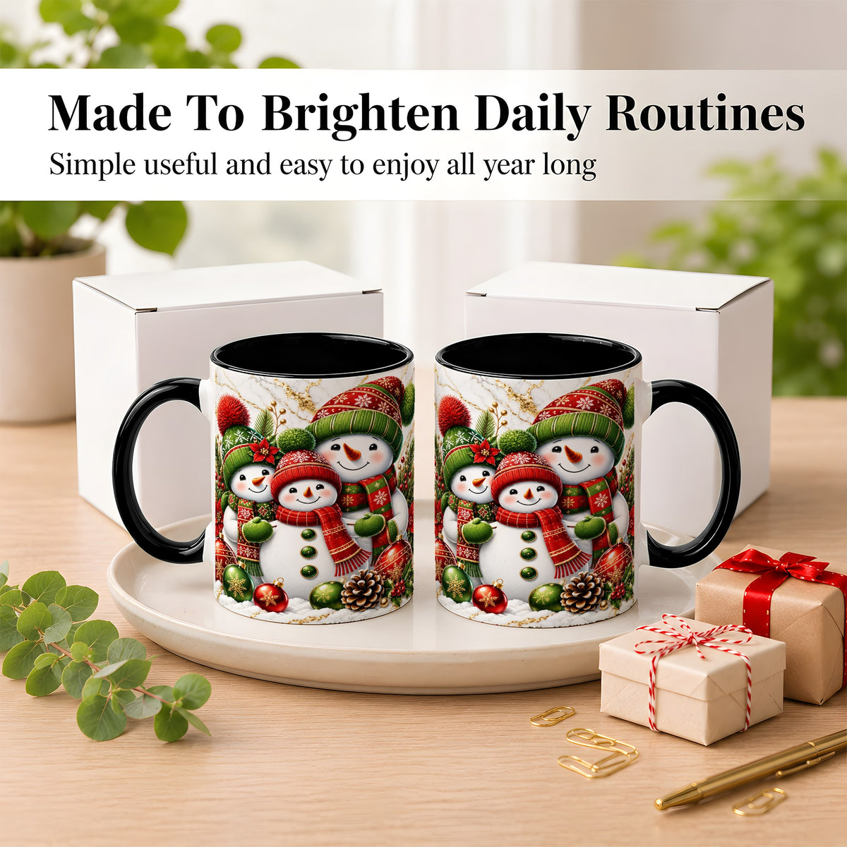 #pl[11oz|Black] Christmas Snowman Family Coffee Mug, Red Green Snowman Mug, Ceramic Cup