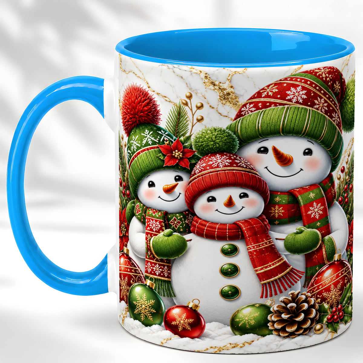 #pl[11oz|Blue] Christmas Snowman Family Coffee Mug, Red Green Snowman Mug, Ceramic Cup