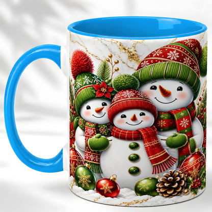 #pl[11oz|Blue] Christmas Snowman Family Coffee Mug, Red Green Snowman Mug, Ceramic Cup