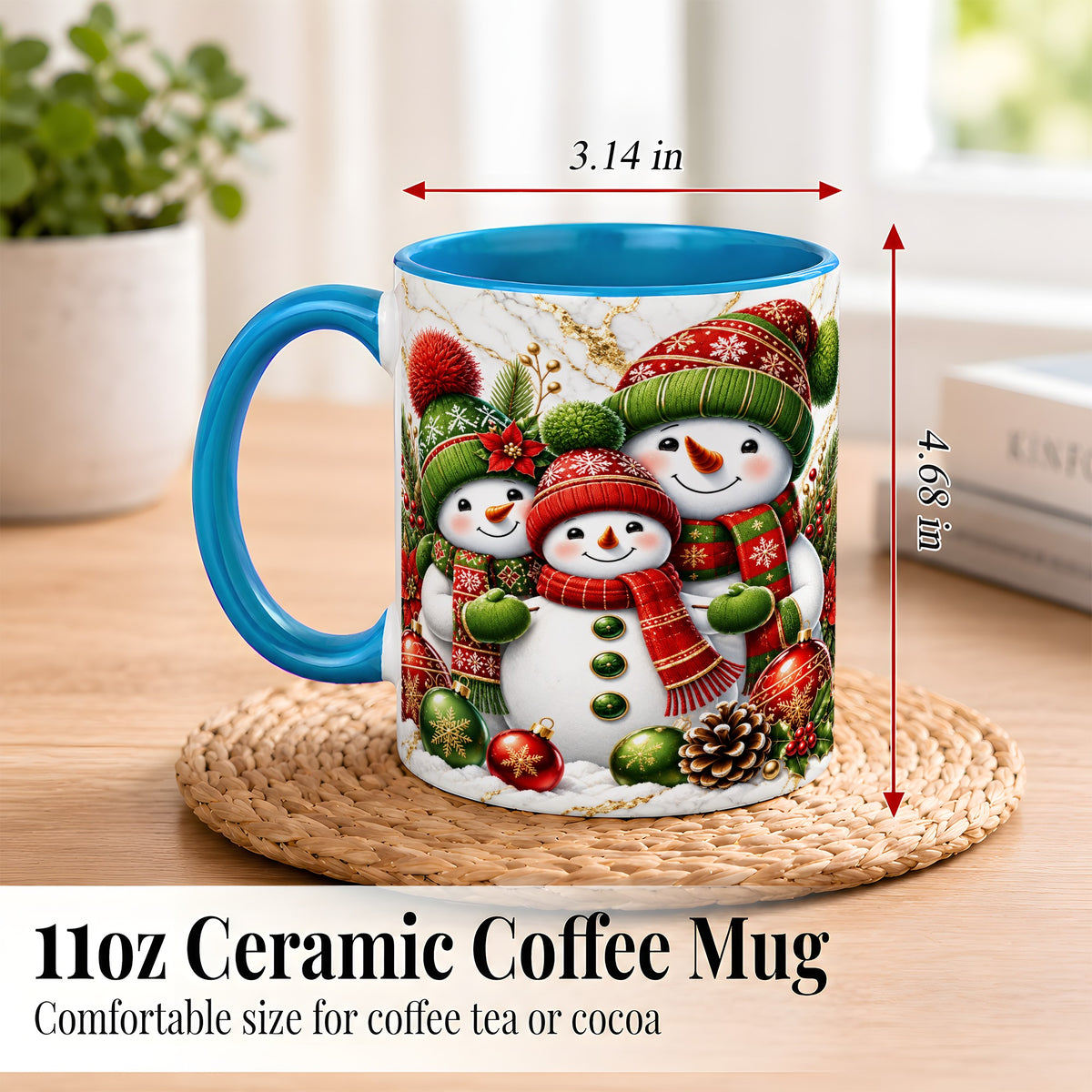 #pl[11oz|Blue] Christmas Snowman Family Coffee Mug, Red Green Snowman Mug, Ceramic Cup