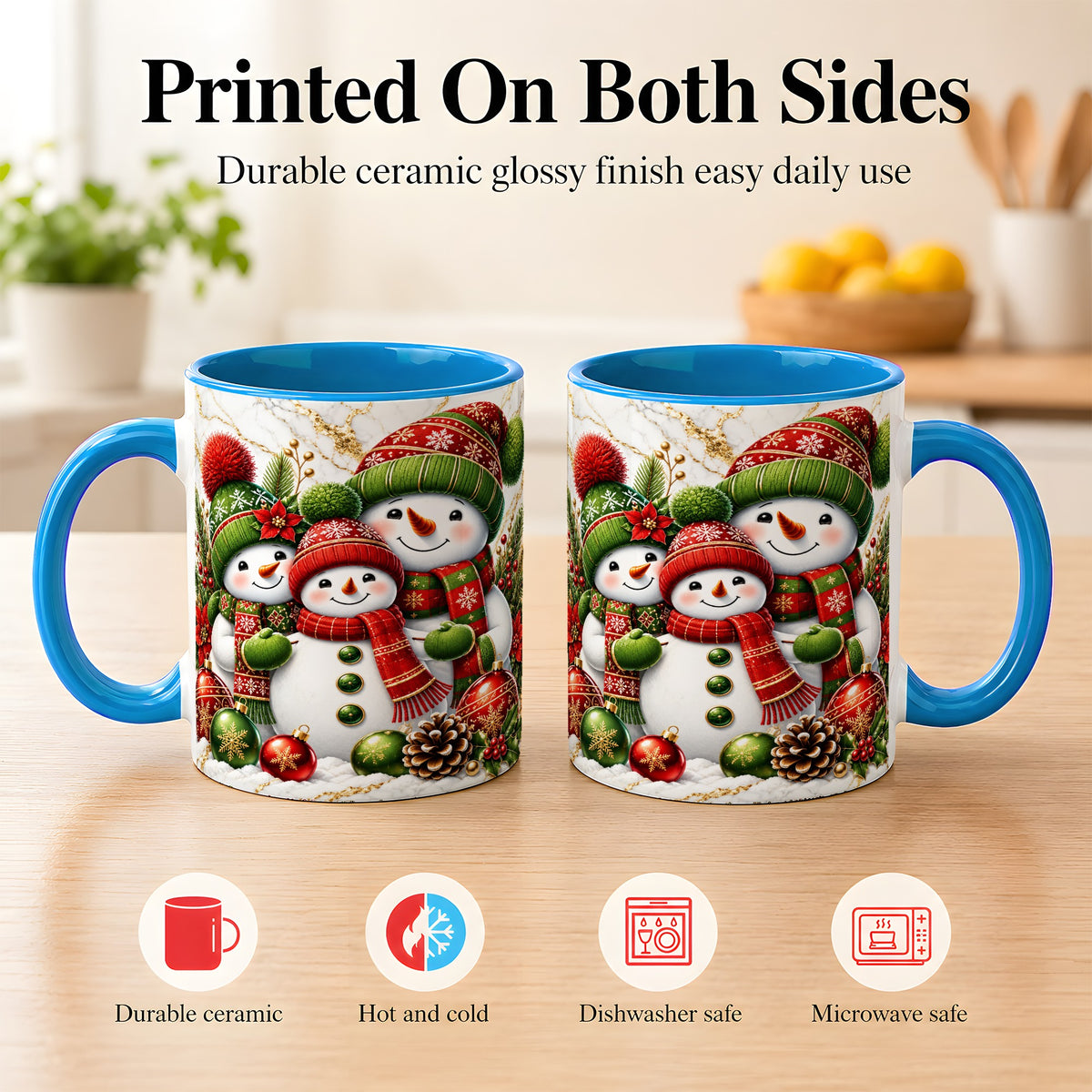 #pl[11oz|Blue] Christmas Snowman Family Coffee Mug, Red Green Snowman Mug, Ceramic Cup