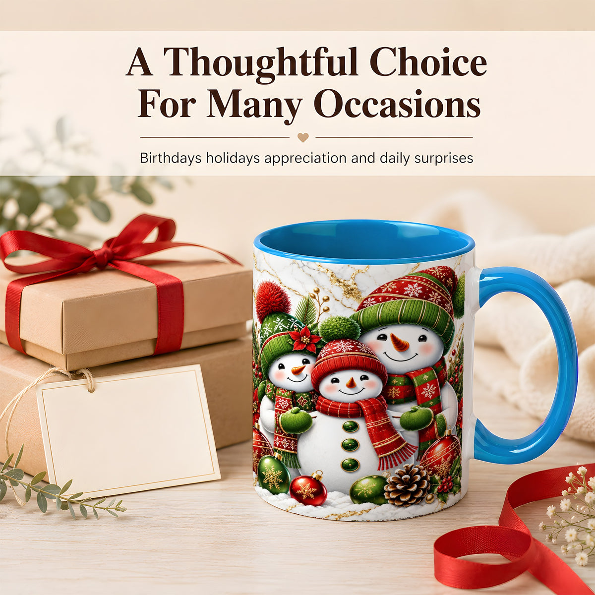 #pl[11oz|Blue] Christmas Snowman Family Coffee Mug, Red Green Snowman Mug, Ceramic Cup