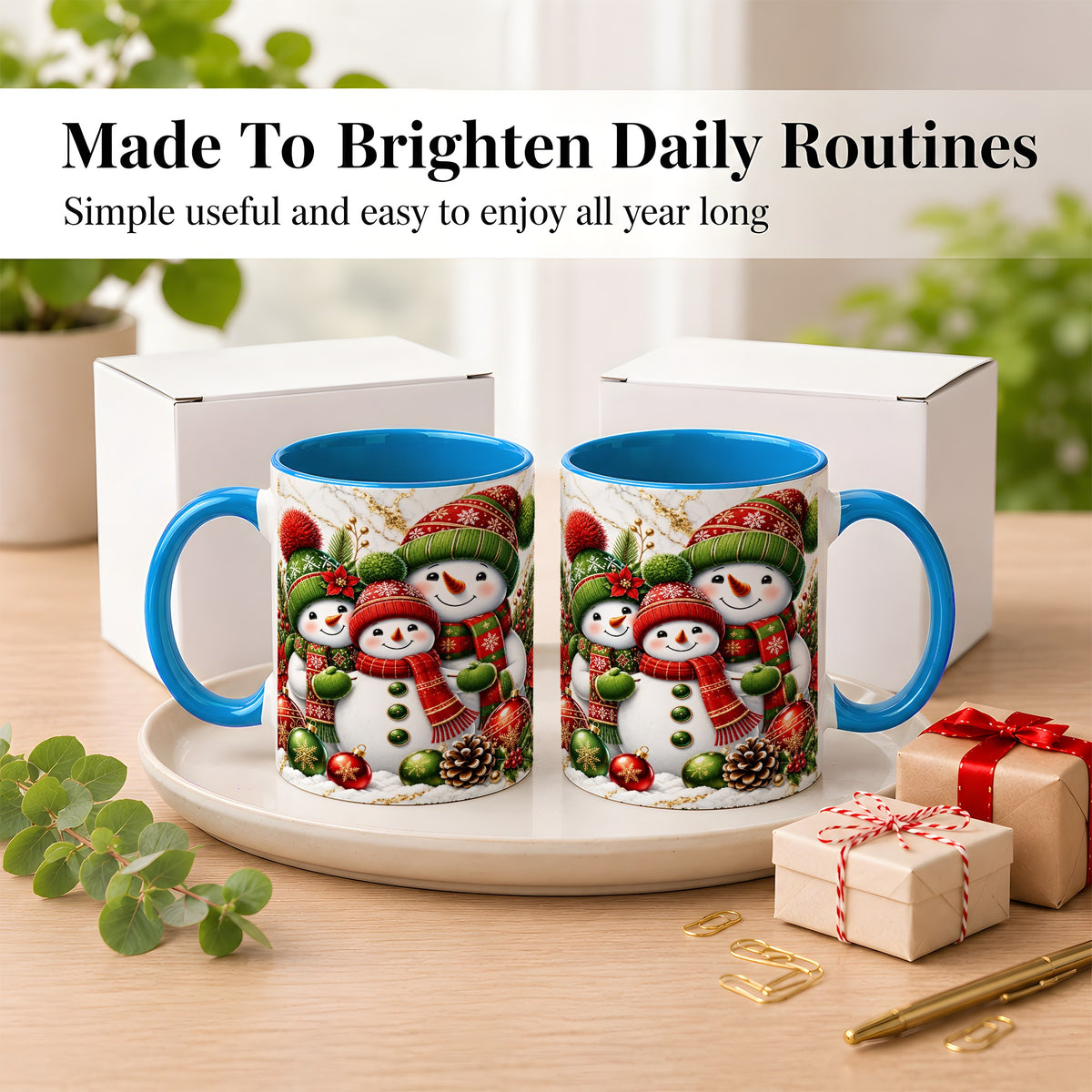 #pl[11oz|Blue] Christmas Snowman Family Coffee Mug, Red Green Snowman Mug, Ceramic Cup