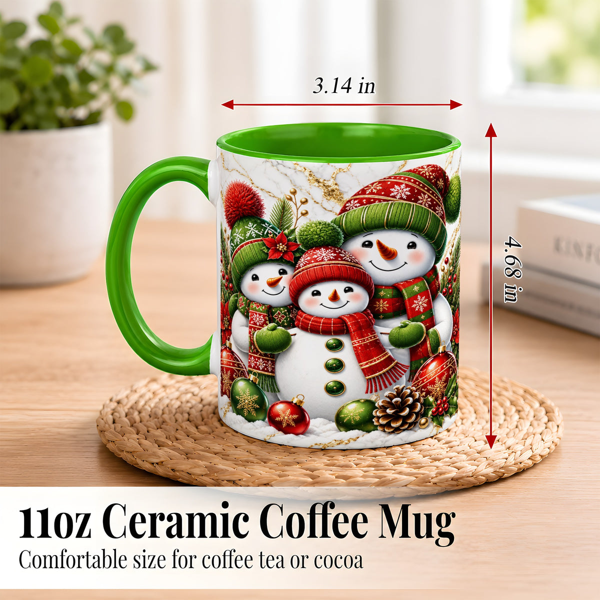 #pl[11oz|Green] Christmas Snowman Family Coffee Mug, Red Green Snowman Mug, Ceramic Cup
