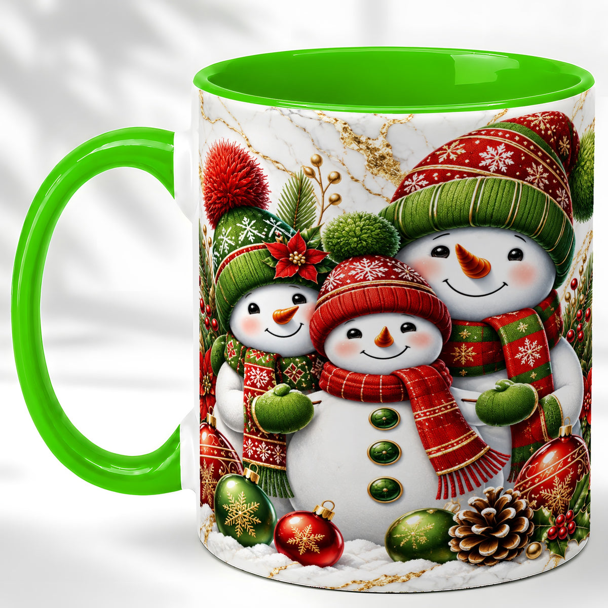 #pl[11oz|Green] Christmas Snowman Family Coffee Mug, Red Green Snowman Mug, Ceramic Cup