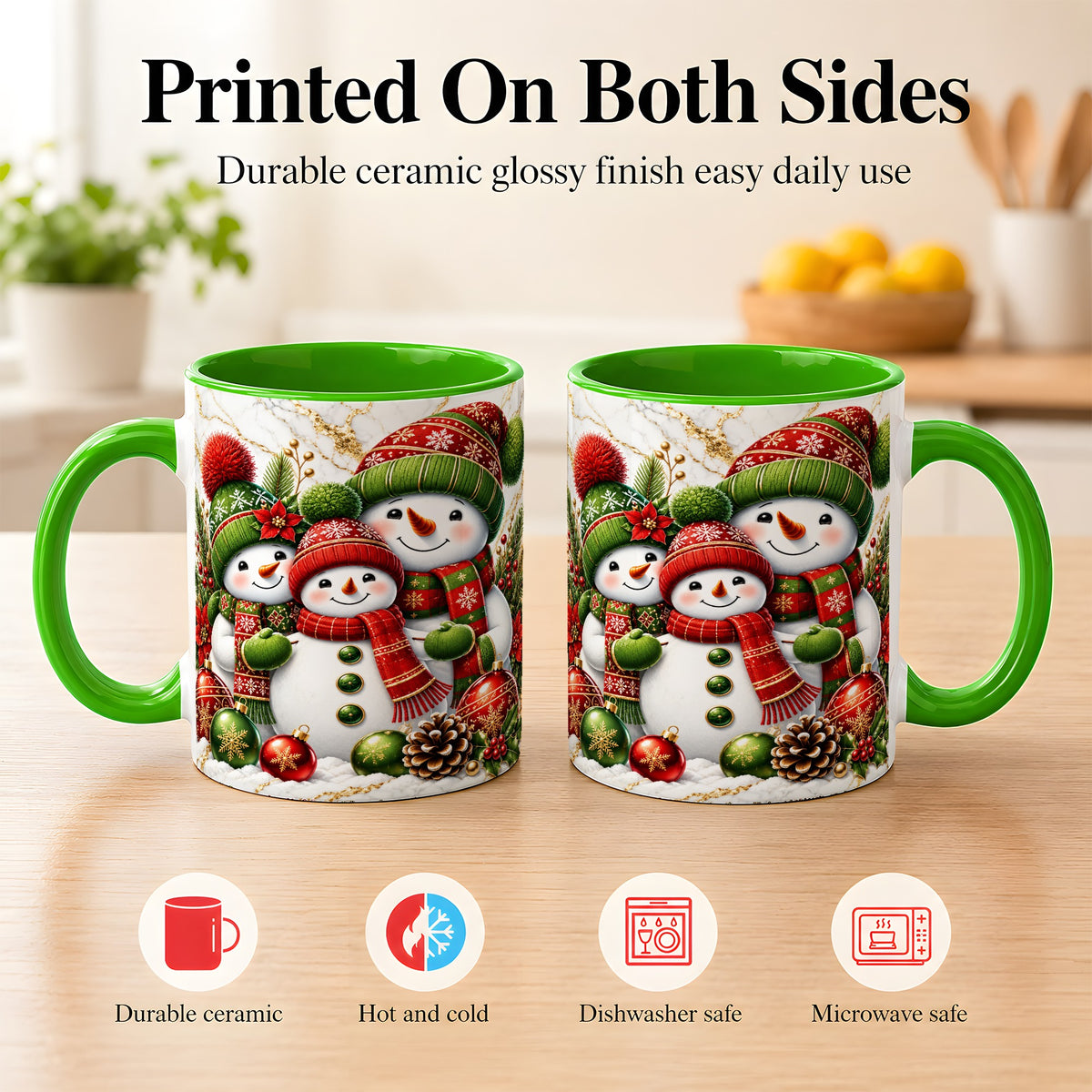 #pl[11oz|Green] Christmas Snowman Family Coffee Mug, Red Green Snowman Mug, Ceramic Cup
