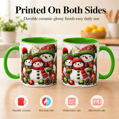 #pl[11oz|Green] Christmas Snowman Family Coffee Mug, Red Green Snowman Mug, Ceramic Cup