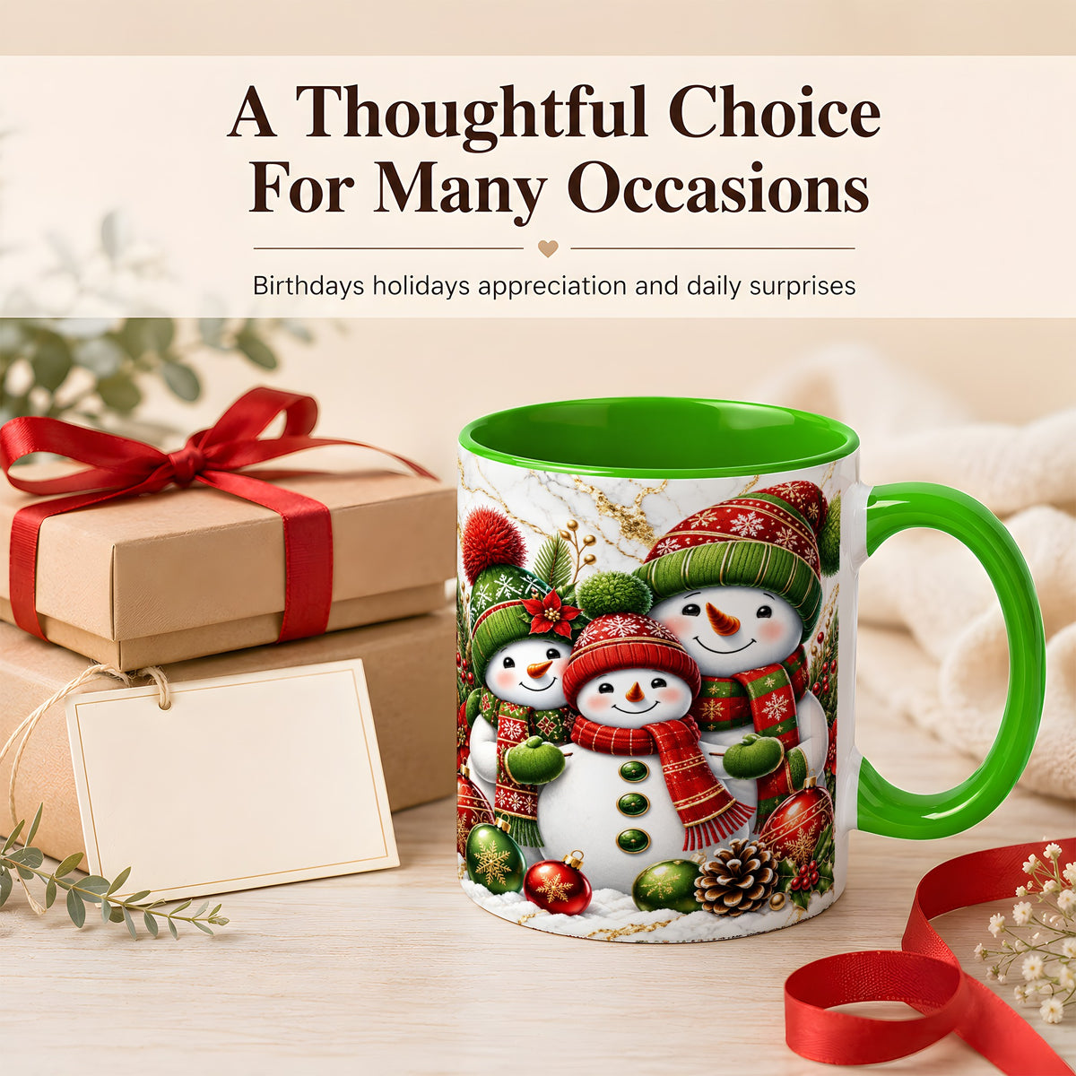 #pl[11oz|Green] Christmas Snowman Family Coffee Mug, Red Green Snowman Mug, Ceramic Cup