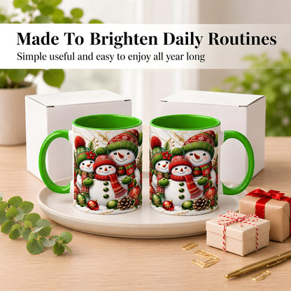 #pl[11oz|Green] Christmas Snowman Family Coffee Mug, Red Green Snowman Mug, Ceramic Cup
