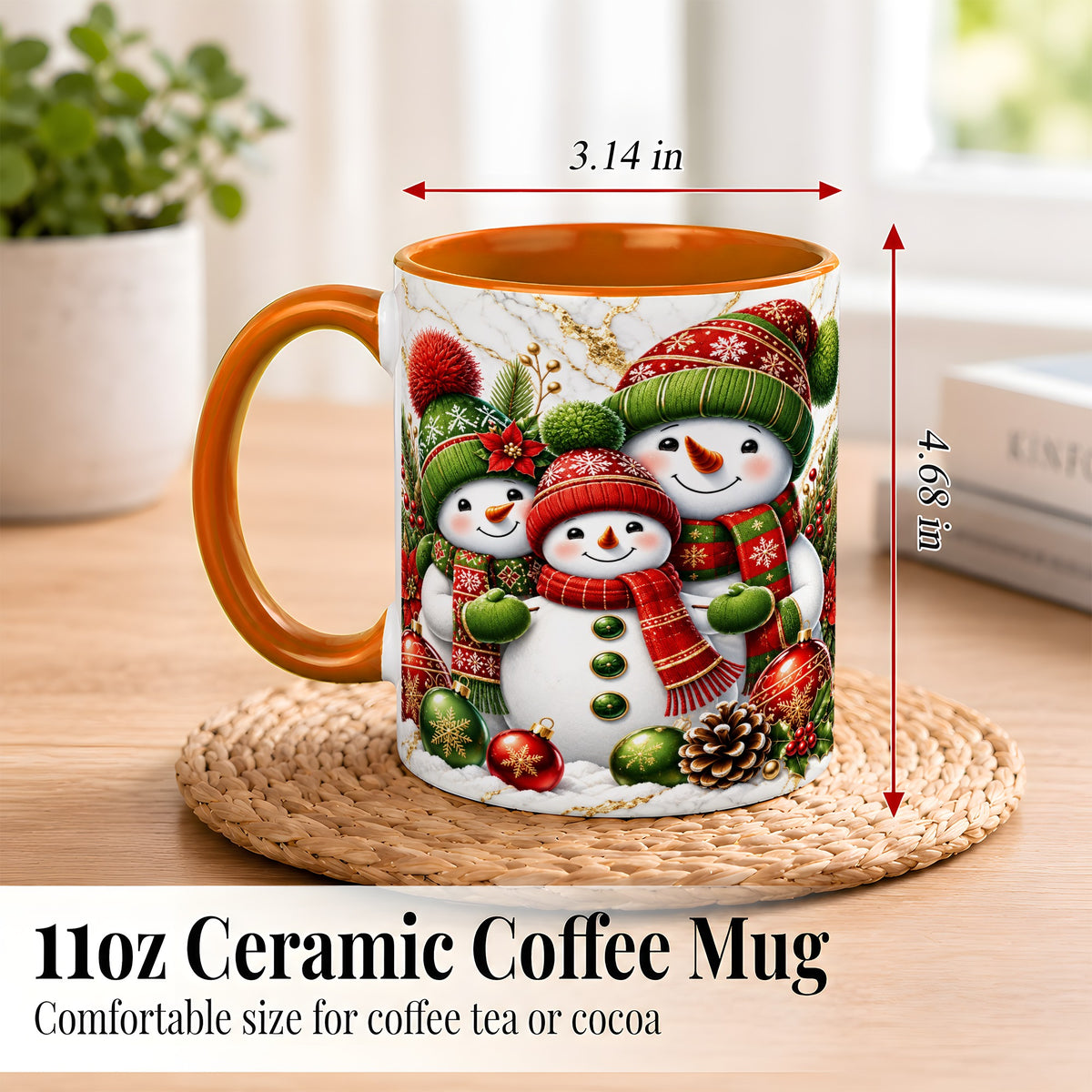 #pl[11oz|Orange] Christmas Snowman Family Coffee Mug, Red Green Snowman Mug, Ceramic Cup