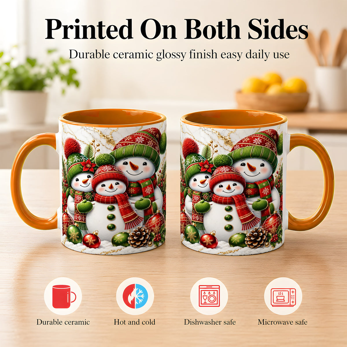 #pl[11oz|Orange] Christmas Snowman Family Coffee Mug, Red Green Snowman Mug, Ceramic Cup