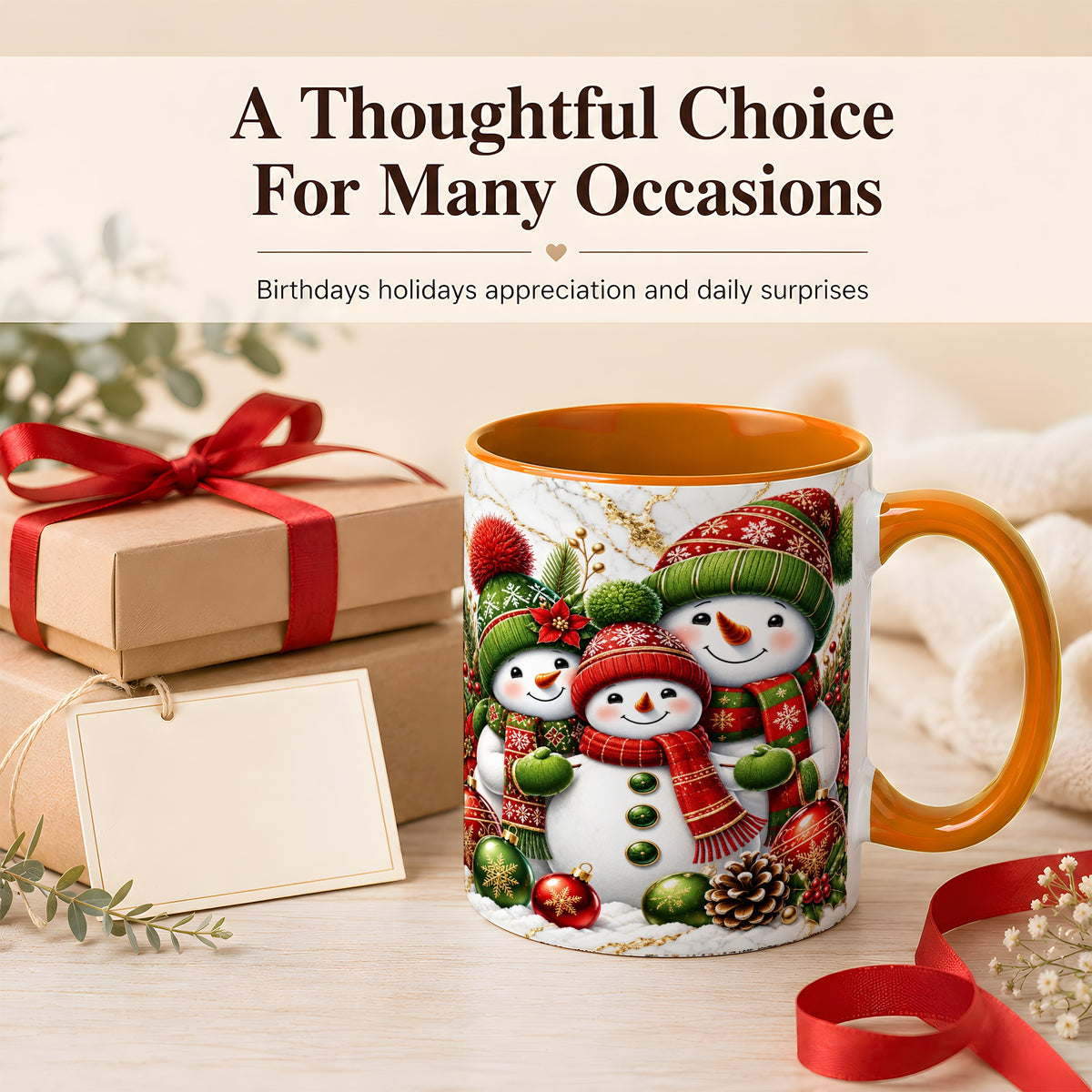 #pl[11oz|Orange] Christmas Snowman Family Coffee Mug, Red Green Snowman Mug, Ceramic Cup