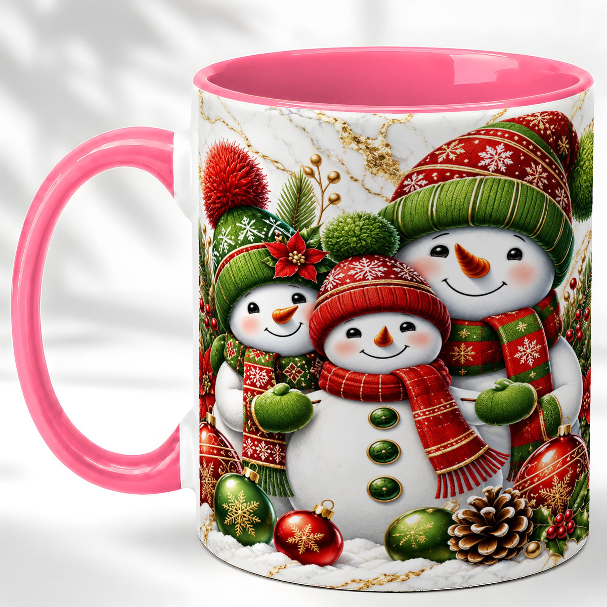 #pl[11oz|Pink] Christmas Snowman Family Coffee Mug, Red Green Snowman Mug, Ceramic Cup