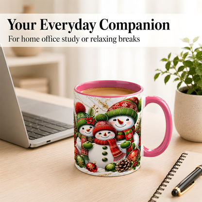 #pl[11oz|Pink] Christmas Snowman Family Coffee Mug, Red Green Snowman Mug, Ceramic Cup