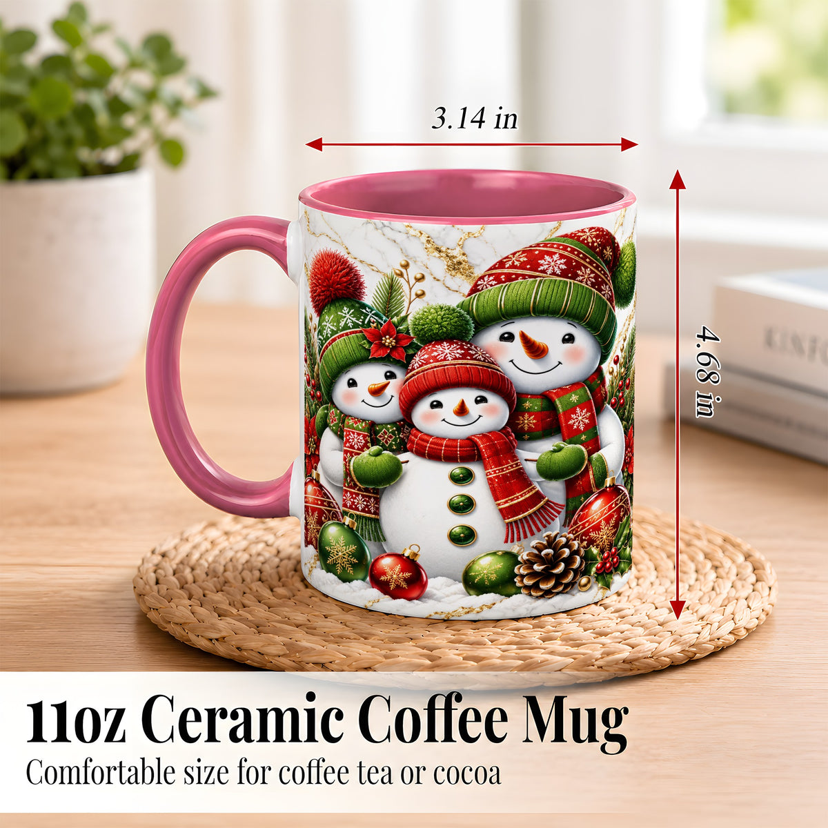 #pl[11oz|Pink] Christmas Snowman Family Coffee Mug, Red Green Snowman Mug, Ceramic Cup