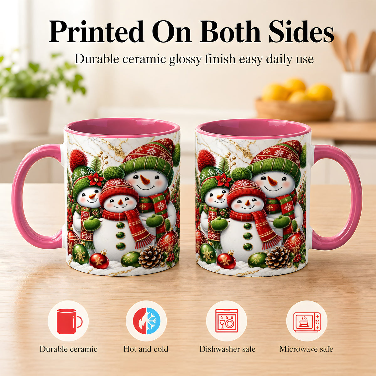 #pl[11oz|Pink] Christmas Snowman Family Coffee Mug, Red Green Snowman Mug, Ceramic Cup