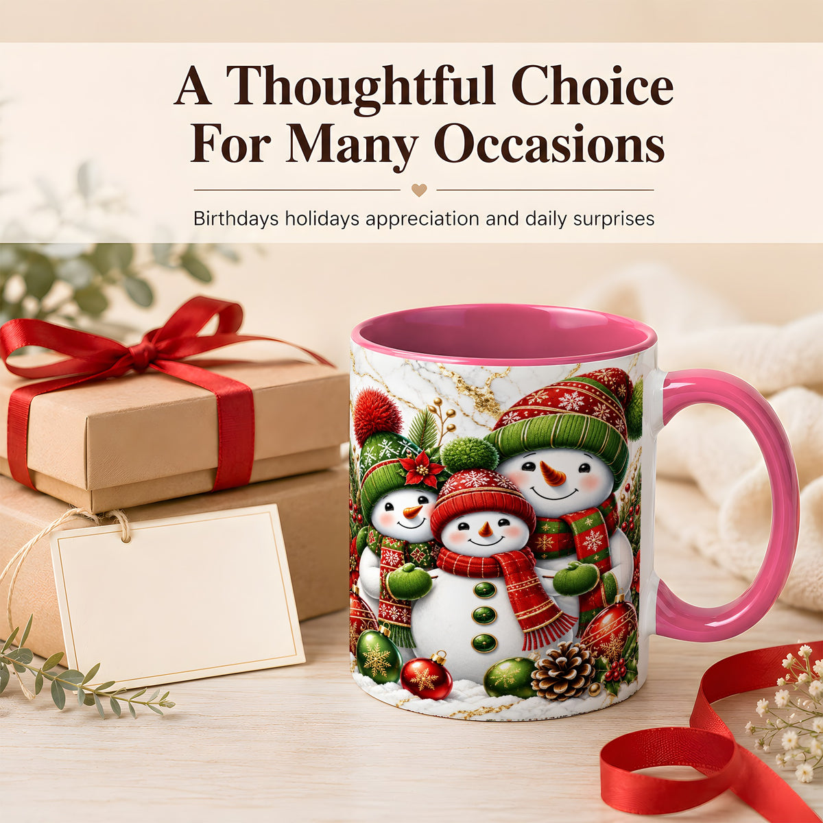 #pl[11oz|Pink] Christmas Snowman Family Coffee Mug, Red Green Snowman Mug, Ceramic Cup