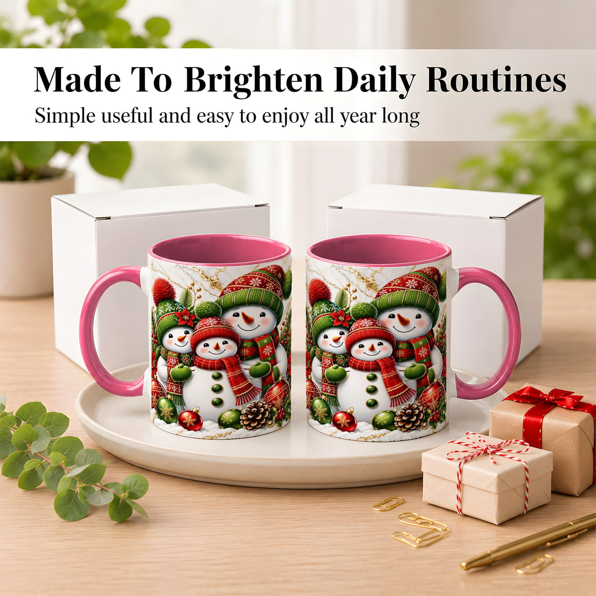 #pl[11oz|Pink] Christmas Snowman Family Coffee Mug, Red Green Snowman Mug, Ceramic Cup