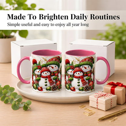 #pl[11oz|Pink] Christmas Snowman Family Coffee Mug, Red Green Snowman Mug, Ceramic Cup