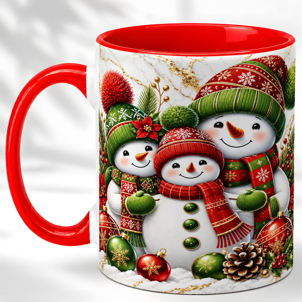 Christmas Snowman Family Coffee Mug, Red Green Snowman Mug, Ceramic Cup