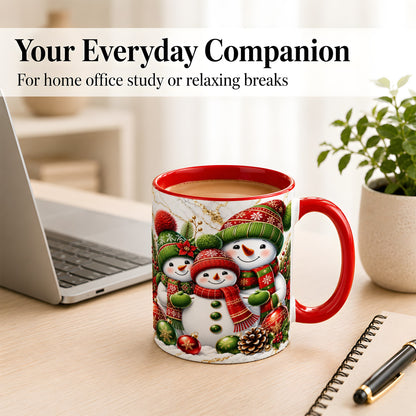 #pl[11oz|Red] Christmas Snowman Family Coffee Mug, Red Green Snowman Mug, Ceramic Cup