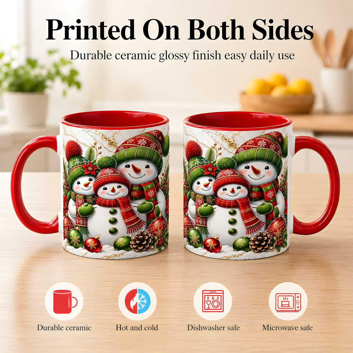 #pl[11oz|Red] Christmas Snowman Family Coffee Mug, Red Green Snowman Mug, Ceramic Cup