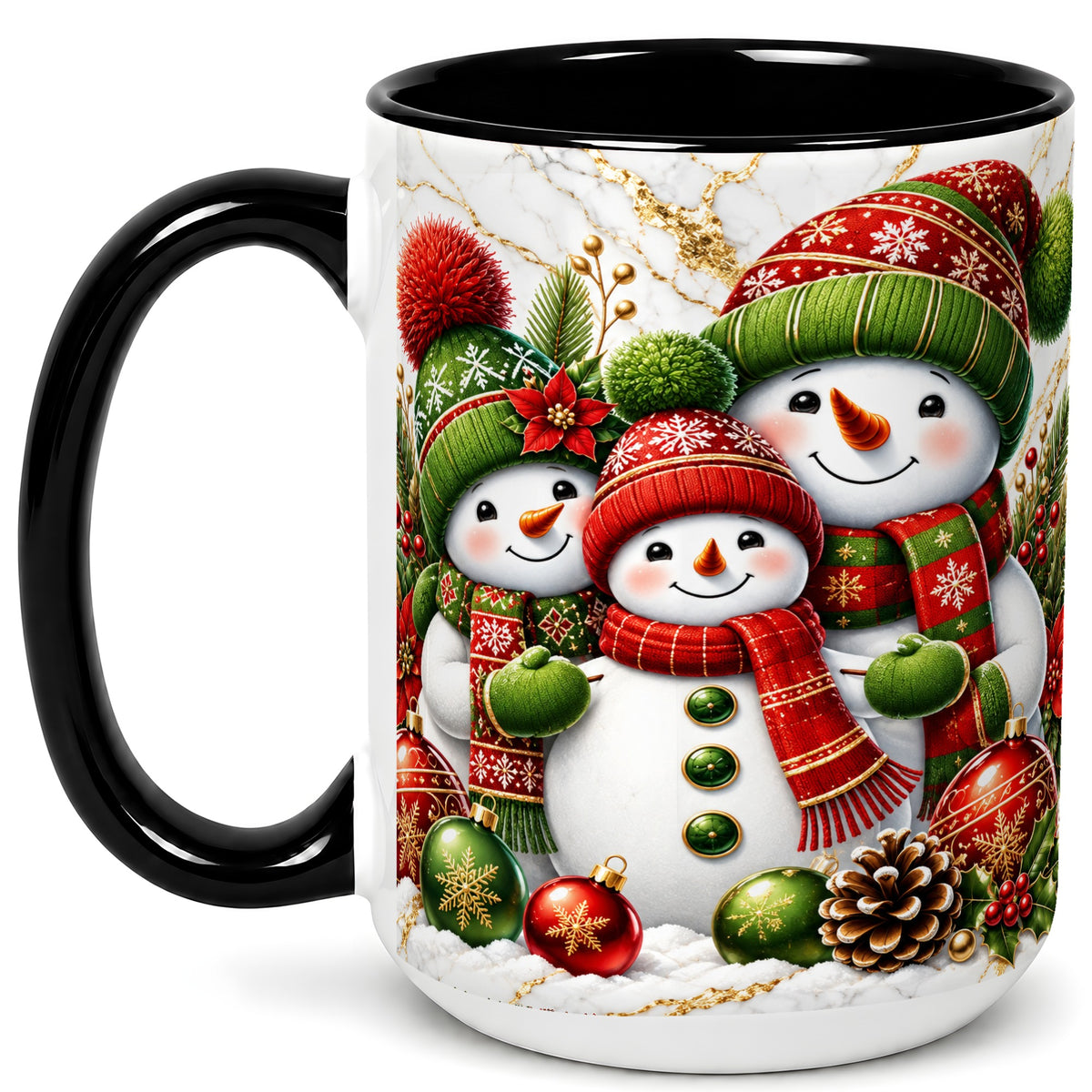 #pl[15oz|Black] Christmas Snowman Family Coffee Mug, Red Green Snowman Mug, Ceramic Cup