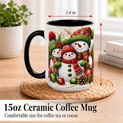 #pl[15oz|Black] Christmas Snowman Family Coffee Mug, Red Green Snowman Mug, Ceramic Cup