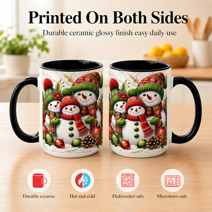 #pl[15oz|Black] Christmas Snowman Family Coffee Mug, Red Green Snowman Mug, Ceramic Cup