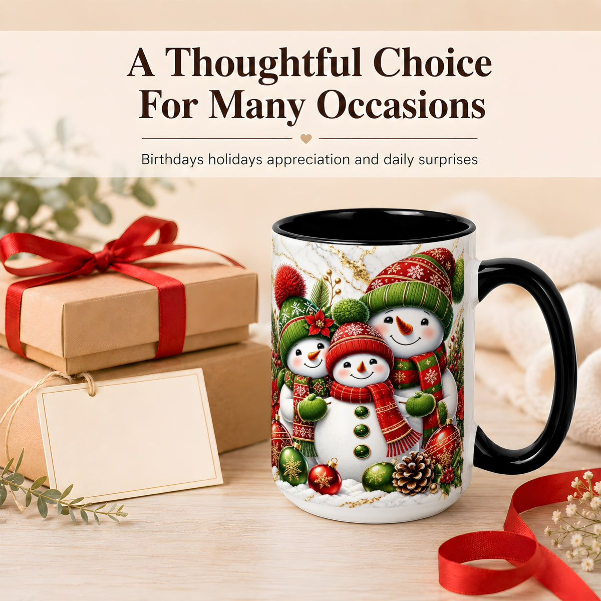 #pl[15oz|Black] Christmas Snowman Family Coffee Mug, Red Green Snowman Mug, Ceramic Cup