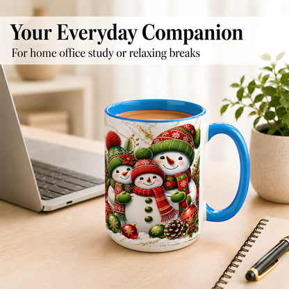 #pl[15oz|Blue] Christmas Snowman Family Coffee Mug, Red Green Snowman Mug, Ceramic Cup