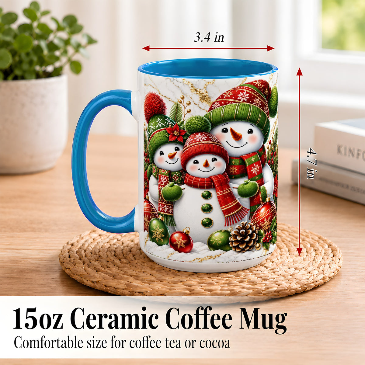 #pl[15oz|Blue] Christmas Snowman Family Coffee Mug, Red Green Snowman Mug, Ceramic Cup