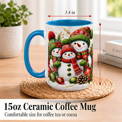 #pl[15oz|Blue] Christmas Snowman Family Coffee Mug, Red Green Snowman Mug, Ceramic Cup