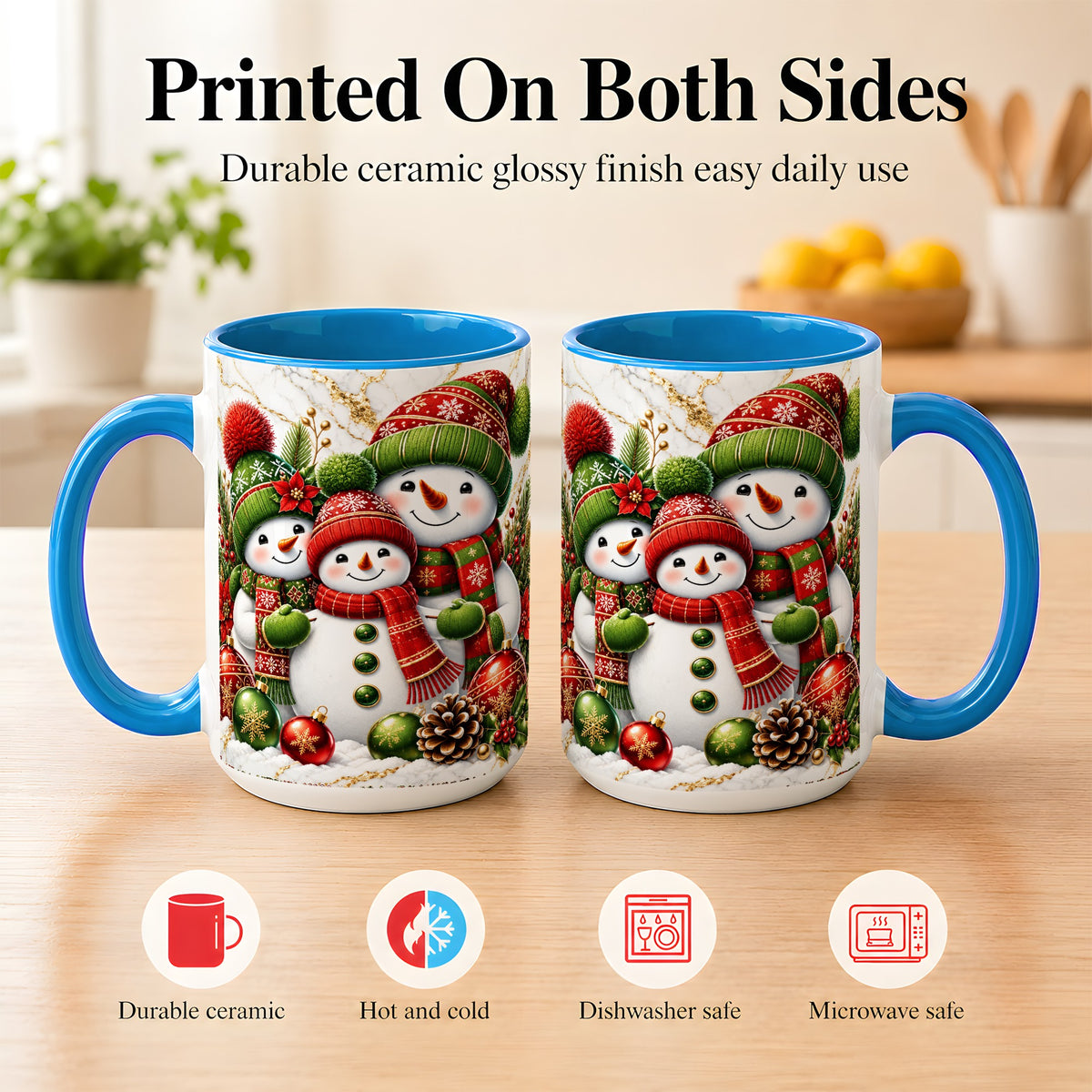 #pl[15oz|Blue] Christmas Snowman Family Coffee Mug, Red Green Snowman Mug, Ceramic Cup