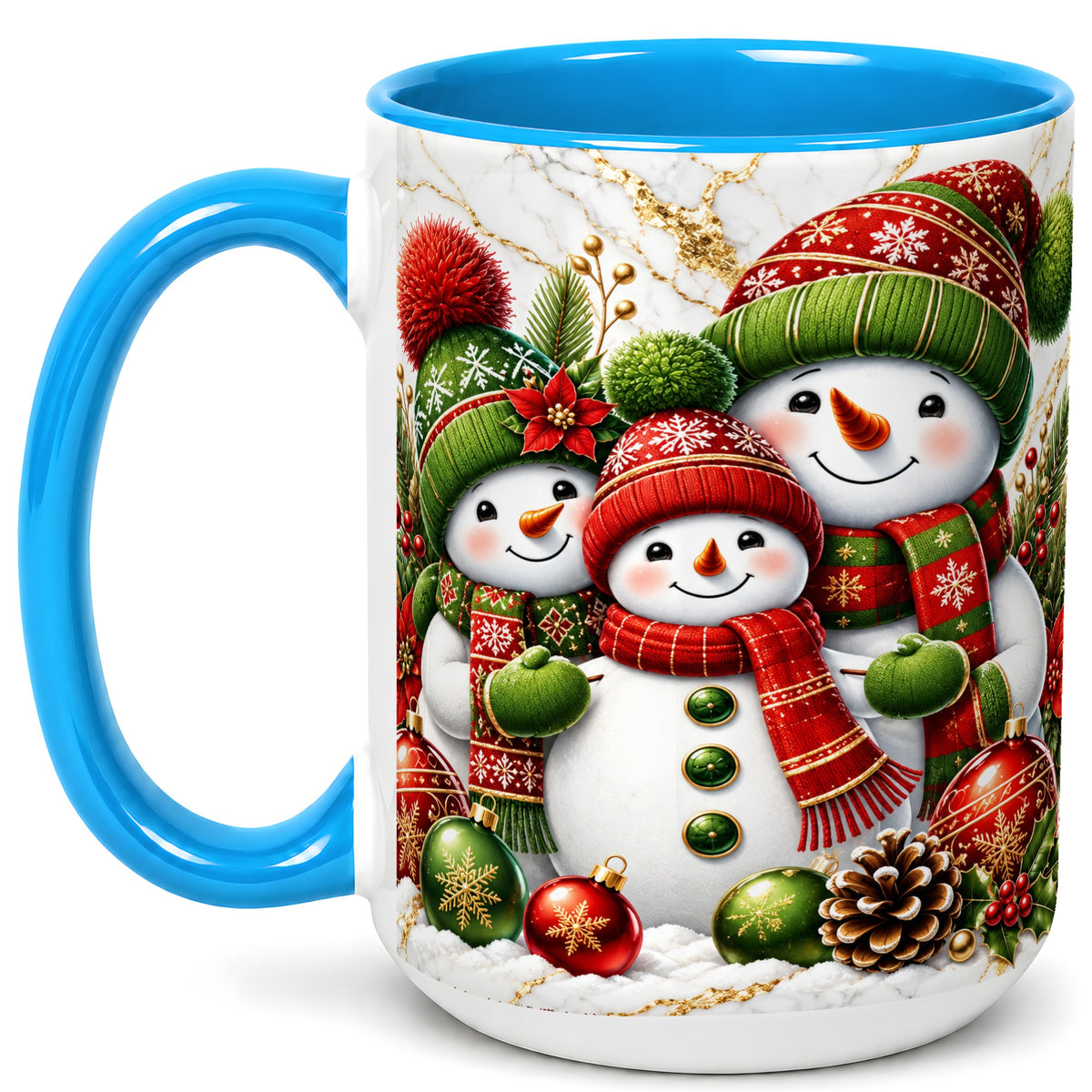 #pl[15oz|Blue] Christmas Snowman Family Coffee Mug, Red Green Snowman Mug, Ceramic Cup
