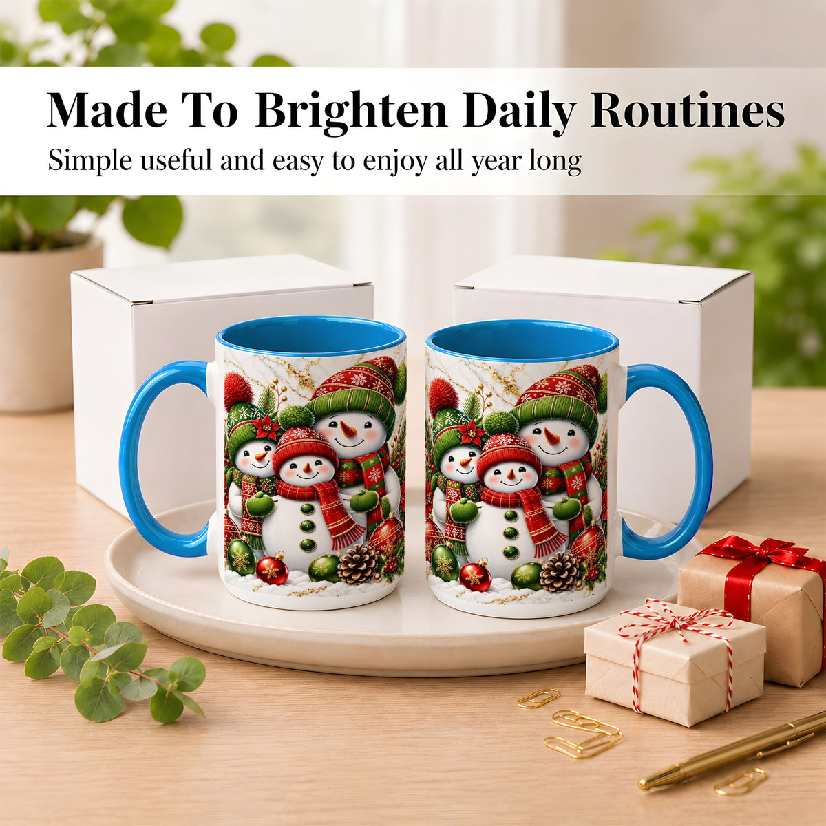#pl[15oz|Blue] Christmas Snowman Family Coffee Mug, Red Green Snowman Mug, Ceramic Cup