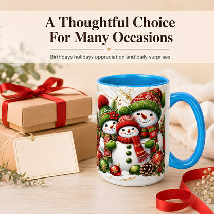 #pl[15oz|Blue] Christmas Snowman Family Coffee Mug, Red Green Snowman Mug, Ceramic Cup