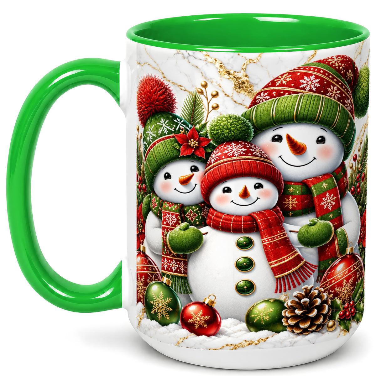 #pl[15oz|Green] Christmas Snowman Family Coffee Mug, Red Green Snowman Mug, Ceramic Cup