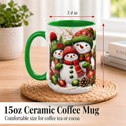#pl[15oz|Green] Christmas Snowman Family Coffee Mug, Red Green Snowman Mug, Ceramic Cup